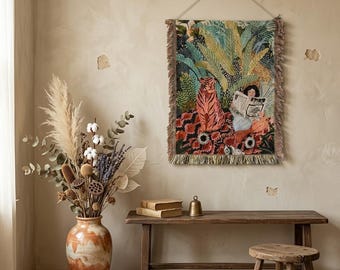 Pastoral Tiger Wall Tapestry, Botanical Woven Tassel Wall Hanging, Cottagecore Boho Wall Decor, Cozy Reading Room Gift