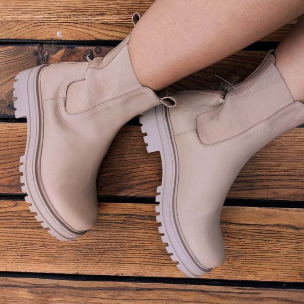 Leather Women Beige Ankle Boots, Women Shoes, Booties Flat Shoes, Casual Shoes,Short Boots,Booties,Black Booties