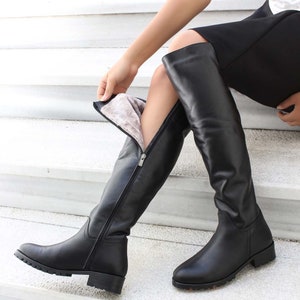 Women’s Leather Black Over The Knee Boots,Black Shoes Booties Handmade Boots Leather Women Shoes, Flat Shoes