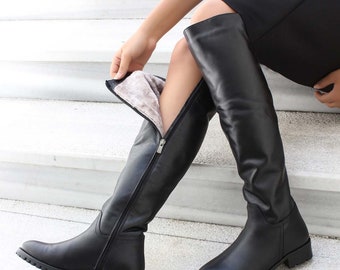 Women’s Leather Black Over The Knee Boots,Black Shoes Booties Handmade Boots Leather Women Shoes, Flat Shoes