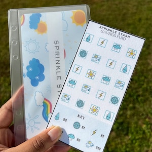 Puede incluir: Un archivador de plástico transparente con una inserción colorida con soles, nubes y un arcoíris. Una tarjeta de seguimiento de ahorro con el texto "SPRINKLE STASH SAVINGS FUND" e iconos meteorológicos.