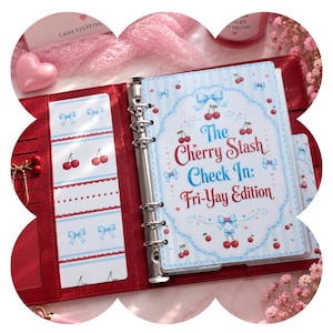 May include: A red leather six-ring binder featuring a clear plastic dashboard with blue stripes, light blue bows, and red cherries. The text reads: The Cherry Stash Check In: Fri-Yay Edition. A matching bookmark with bows and cherries is included.