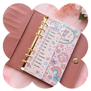 Könnte beinhalten: Ein altrosa Ringbuch mit sechs Ringen und einer monatlichen Tracker-Einlage mit dem Text Teeny Tiny Twenty-Seven. Die Einlage zeigt eine Liste der Monate von Januar bis Dezember mit bunten kreisförmigen Kästchen, Regenbögen und Blumen.