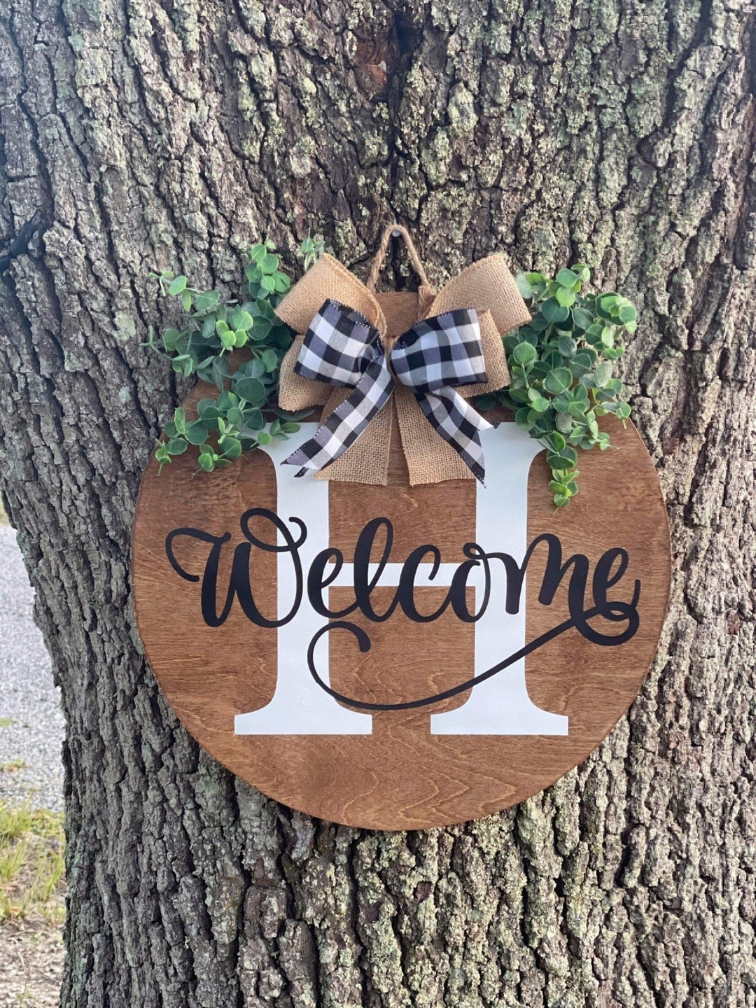 Initial Welcome Rustic Wood Door Sign Black and White - Etsy