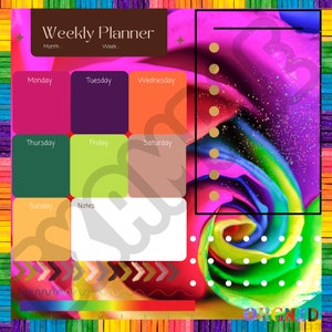 May include: A colorful weekly planner with a rainbow swirl design. The planner has sections for each day of the week, as well as a notes section. The text "Weekly Planner", "Month:", "Week:", "Monday", "Tuesday", "Wednesday", "Thursday", "Friday", "Saturday", "Sunday", and "Notes" is visible on the planner.