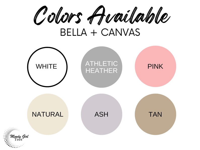 K&ouml;nnte beinhalten: Farbkarte mit den verf&uuml;gbaren Farben f&uuml;r Bella + Canvas T-Shirts. Die Farben sind: Wei&szlig;, Sportgrau, Rosa, Natur, Aschgrau und Braun.