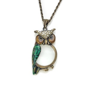 Enamel and Bronze Owl Magnifying Glass Pendant Necklace, Gift for Parents, Gift for Readers, Gift for Grandparents