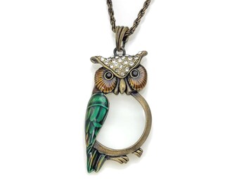 Enamel and Bronze Owl Magnifying Glass Pendant Necklace, Gift for Parents, Gift for Readers, Gift for Grandparents