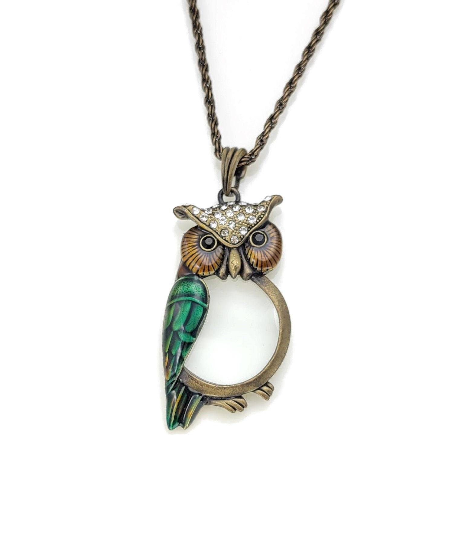Enamel and Bronze Owl Magnifying Glass Pendant Necklace, Gift for Parents, Gift for Readers, Gift fo