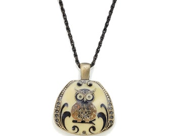 Inlaid Owl Magnifying Glass Pendant Necklace, Gift for Parents, Gift for Readers, Gift for Grandparents