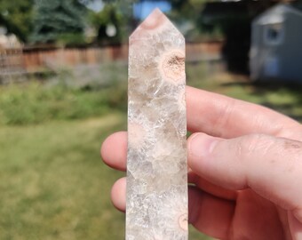 Pink Amethyst Flower Agate Tower P-D with quartz flowers