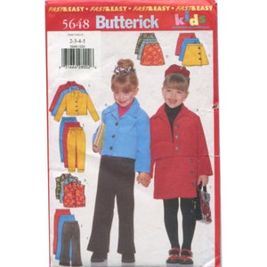 May include: A sewing pattern for children's clothing, Butterick pattern number 5648, sizes 2-3-4-5. The pattern includes a blue jacket, red jacket, yellow pants, and a red skirt.