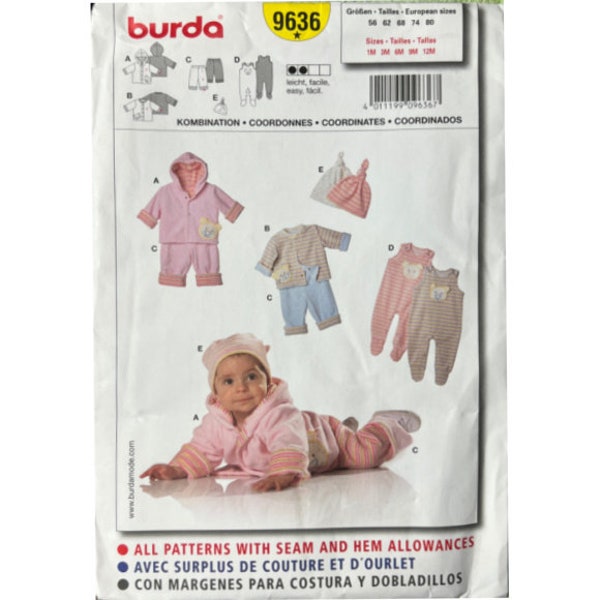 Vintage ©2013 Burda #9636 Sewing Patterns - Baby Coordinates - Jacket Pants, Coverall and Hat - Size 1M-12M