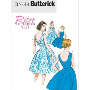 May include: A vintage sewing pattern for a sleeveless dress with a bow detail in the back. The pattern is called "Retro Butterick '60" and has the number B5748.