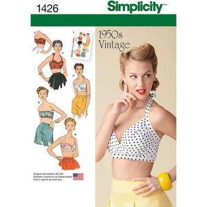 May include: Simplicity sewing pattern number 1426 for a 1950s vintage halter top with a polka dot pattern. The pattern includes instructions for making a variety of styles, including a strapless top, a halter top, and a cropped top.