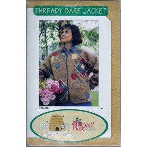 May include: A brown knitted jacket with a patchwork design. The jacket has a button closure and is decorated with various colors and textures. The image includes the text "Thready Bare Jacket" and "TBJ-96".