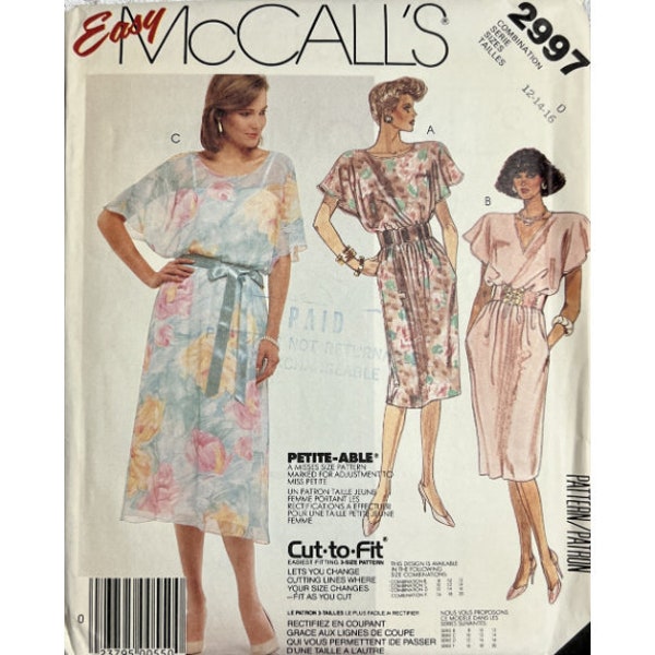 Vintage ©1987 - McCall's Pattern - 2997 - Pullover Ladies Dress & Slip with Flared Sleeves