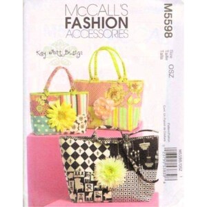 May include: A sewing pattern for three different tote bags. The bags are made of colorful fabrics with floral and geometric patterns. The pattern is called "McCall's Fashion Accessories" and the pattern number is M5598.