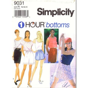 May include: Simplicity sewing pattern number 9031 for 1 Hour bottoms. The pattern includes four different styles of shorts: a striped pair, a white pair with polka dots, a white pair with lace trim, and a patterned pair. The pattern is for sizes 10, 12, and 14.