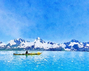 Sea Kayaking Watercolor Art Print Digital Download