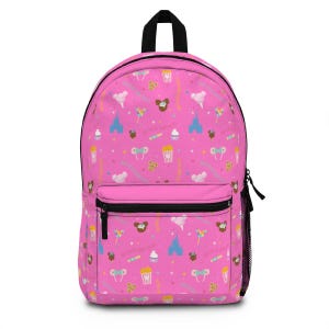 May include: A pink backpack with a colorful pattern of cartoon images of Mickey Mouse ears, popcorn buckets, and other Disney park icons.