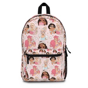May include: A pink backpack with a repeating pattern of various Disney princesses with different hairstyles and outfits. The princesses are all smiling and have a whimsical, cartoon-like style.