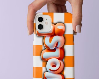 May include: Orange and white checkered phone case with the word "Slay" in white and blue 3D letters.