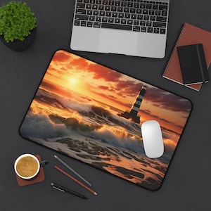 May include: A black and white striped lighthouse stands on a rocky outcropping in the ocean. The sun is setting, casting a warm orange glow over the water. The waves are crashing against the rocks, creating a dramatic scene.