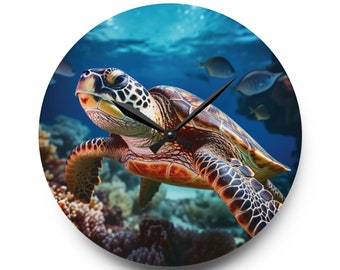 Colorful Sea Turtle Wall Clock - Nautical Theme Wall Decor - Acrylic Clock -