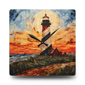 Mosaic Lighthouse Design Acrylic Wall Clock, Silent Battery Wall Clock, Wall Decor, 3 Sizes, 2 Shapes