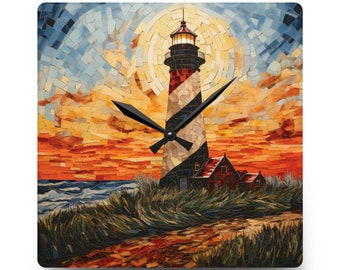 Mosaic Lighthouse Design Acrylic Wall Clock, Silent Battery Wall Clock, Wall Decor, 3 Sizes, 2 Shapes