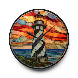 Custom Cape Hatteras Lighthouse Stained Glass-Look Wall Clock, Nautical Theme, Outerbanks NC