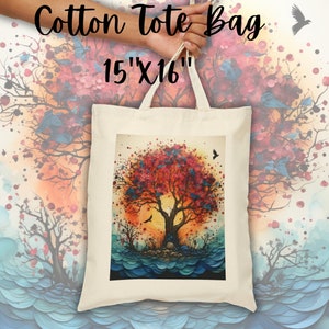 Large Cotton Canvas Tote Bag with Custom Tree and Butterfly Design Reusable Carryall Bag Shopping Tote Shoulder Bag