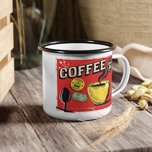 Camp Cup, Enamel mug, Coffee cup, Vintage design, Retro Coffee, Gift, 12 oz mug, Metal mug, Cute coffee mug, Hot chocolate, Gift