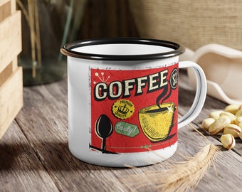 Camp Cup, Enamel mug, Coffee cup, Vintage design, Retro Coffee, Gift, 12 oz mug, Metal mug, Cute coffee mug, Hot chocolate, Gift