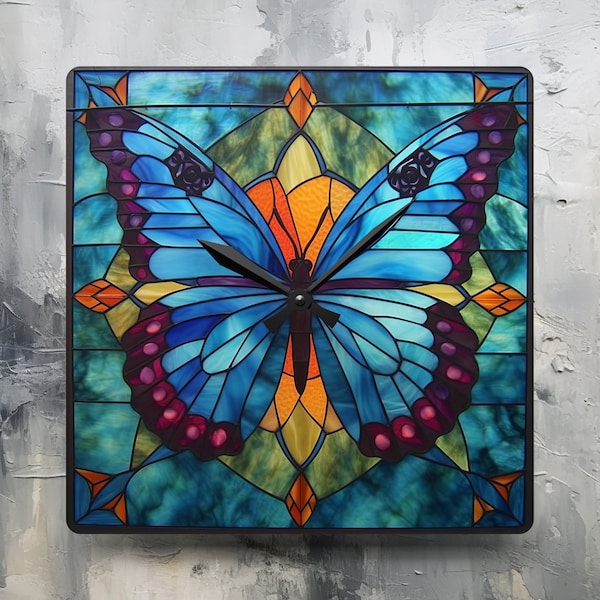 Stained Glass Look Butterfly Square Acrylic Wall Clock, Silent Battery Analog Timepiece
