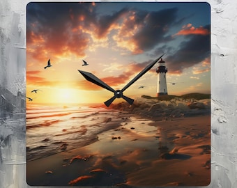 Lighthouse at Sunset Square Wall Clock | Nautical Clock | Home Decor | Man Cave | Ocean Clock | 10" Clock | Lighthouse Clock