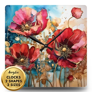 Puede incluir: Reloj cuadrado de acrílico con un diseño floral de acuarela. Presenta amapolas rojas, detalles dorados y un fondo azul. El reloj tiene manecillas negras y el texto "Acrylic CLOCKS 2 SHAPES 2 SIZES" en un círculo dorado.