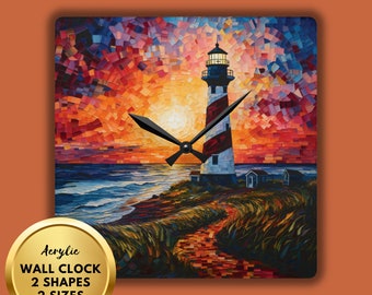 May include: Acrylic wall clock featuring a colorful mosaic painting of a lighthouse on a rocky shore with a path leading to it. The sky is a vibrant sunset with orange, red, and purple hues. The clock hands are black.