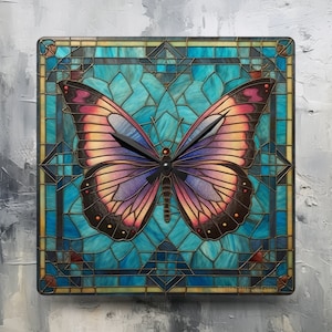 Custom Square Wall Clock, Stained Glass Butterfly Graphic design, Unique Statement Piece, Personalized decor, Battery Wall Clock, Teal
