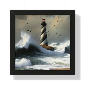 May include: A black and white striped lighthouse stands tall against a stormy sea with crashing waves. The lighthouse has a red roof and is surrounded by a flock of birds flying overhead.