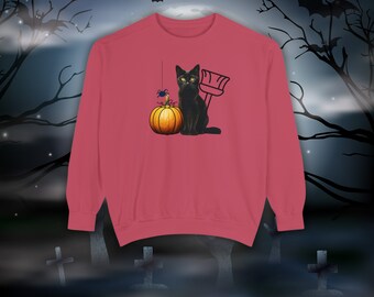 Halloween Black Cat Sweatshirt, Spooky Fall Pullover, Haunted Apparel,Scary Halloween Gift,Halloween Costume, Unisex Garment-Dyed Sweatshirt