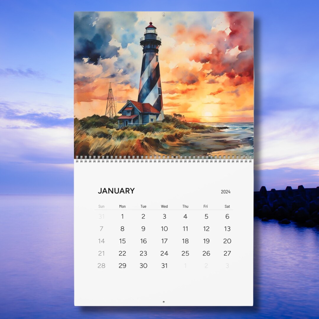 2024 Watercolor Lighthouse Wall Calendar Coastal Nautical Ocean Sea