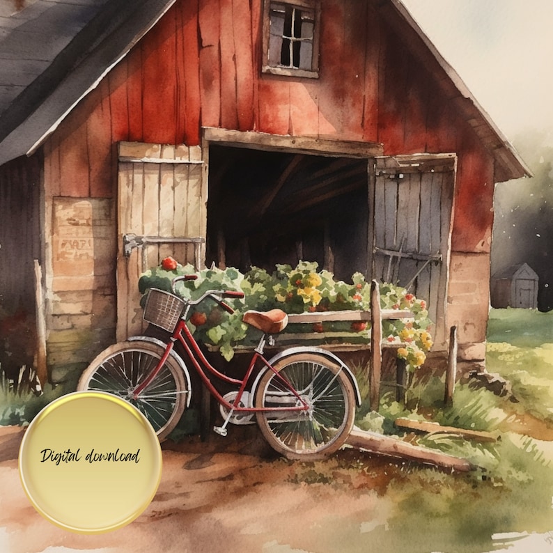 Watercolor Rustic Barn With Bicycle Digital Download Bundle Etsy