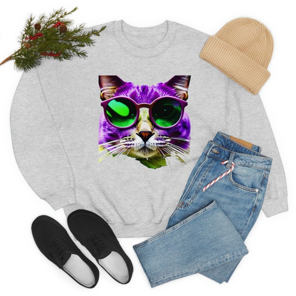 Cat with Sunglasses Sweatshirt, Unique design, Gift for Cat Lover, Pullover Unisex Heavy Blend Crewneck Sweatshirt makes great casual wear