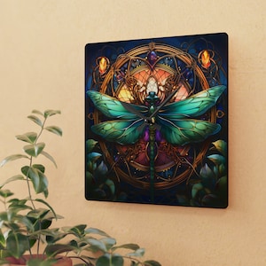 Dragonfly Square Wall Clock Silent Battery Timepiece Gift for Home Decor Unique Custom Stained Glass Design Acrylic Clock