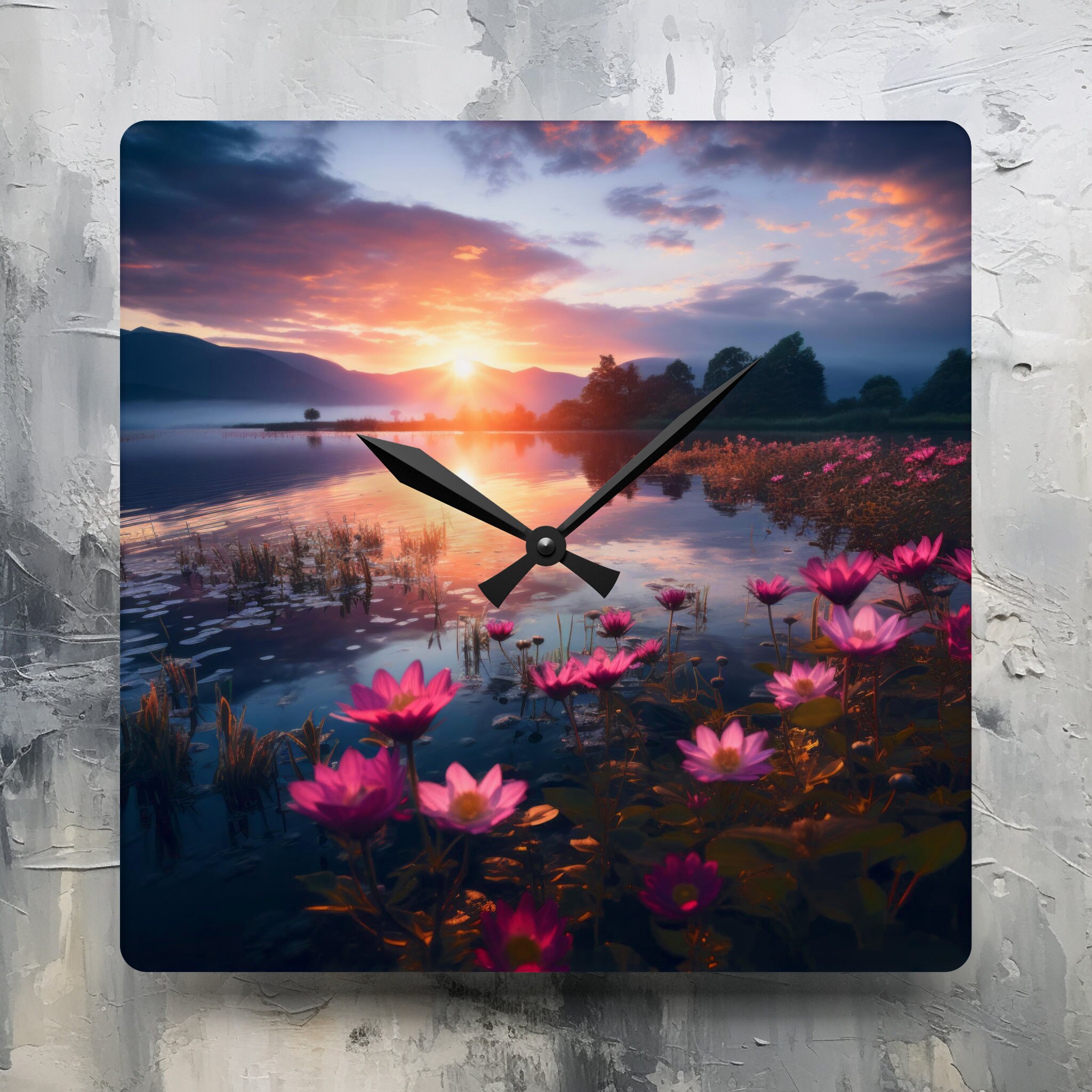 Square Water Clock Square Wall Clock Featuring Still Water Scene, Modern Farmhouse Decor ...