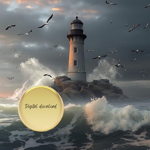 Lighthouse in a Storm, Digital JPG Download, Office Wall Hanging, Retirement Gift, Lighthouse Gift, Sea Art, Ocean Waves Art