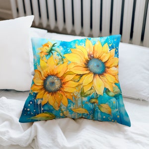 Custom Yellow Watercolored Sunflowers on Spun Polyester Square Pillow - Cover and Pillow Included - Perfect Room Decor and Gift
