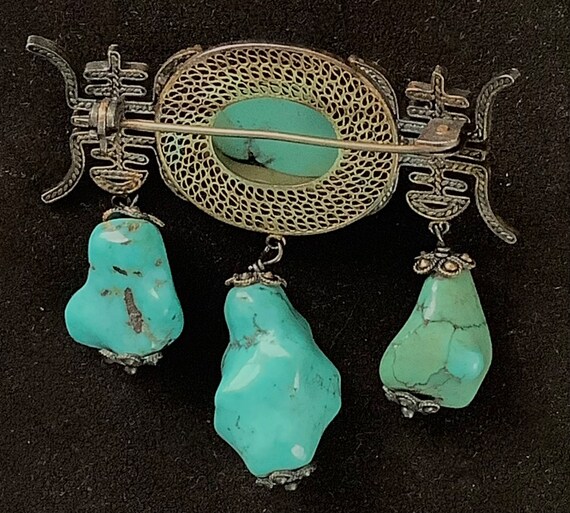 Chinese Turquoise and Silver Brooch - image 2